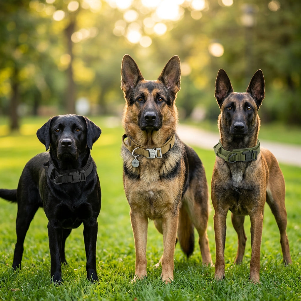 German Shepherd wearing a tan dog collar with a silver ID tag, shown next to three additional dog collars in tan, olive green, and black on a white background.