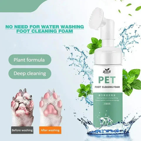 Pet foot cleaning foam with before and after effects on paws, plant formula, and deep cleaning text.