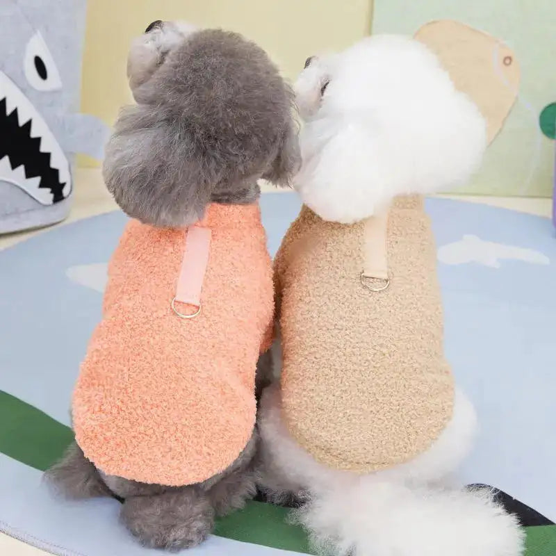 Two small dogs wearing textured fleece pet sweaters, one in peach and one in beige, sitting side by side on a pastel play mat.