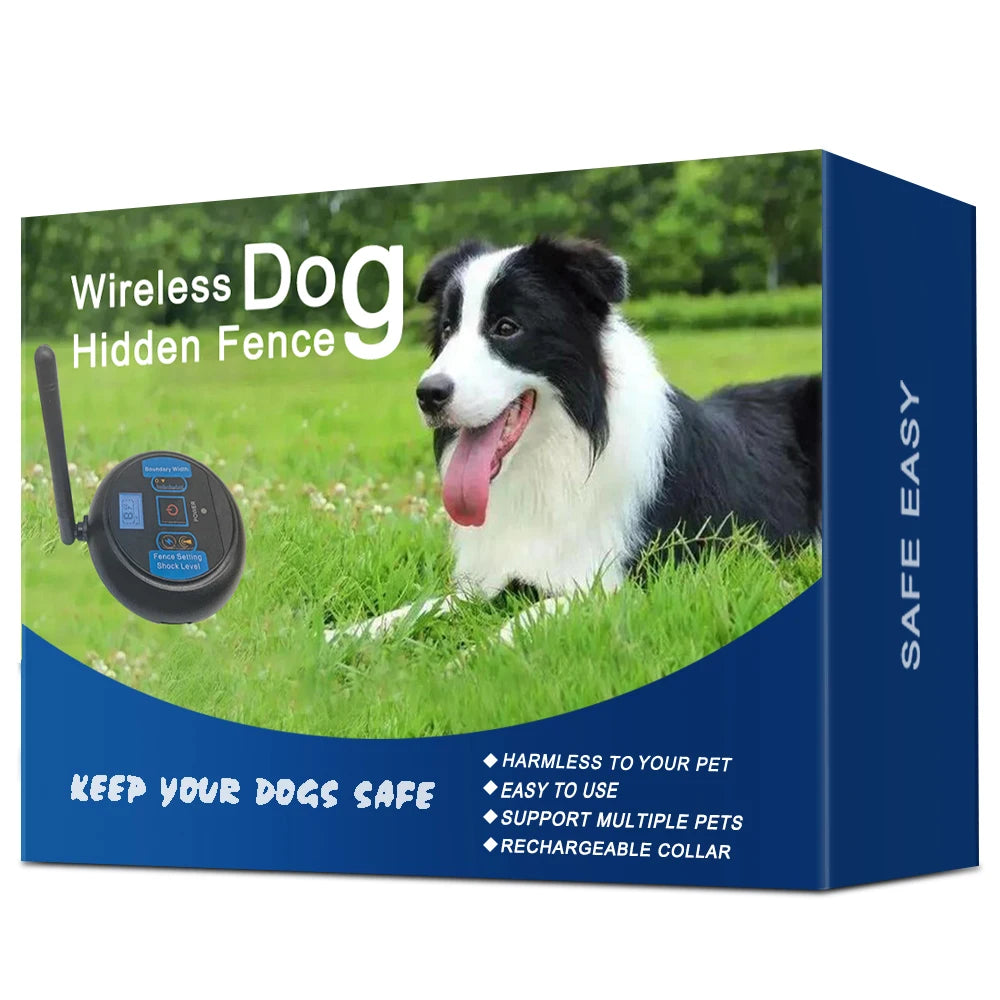 Box for a wireless dog hidden fence system with a dog on grass and product details.