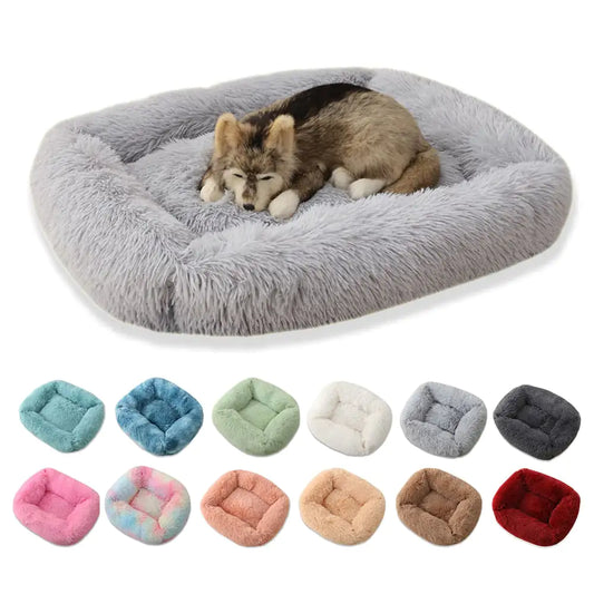 Fluffy pet bed with a dog inside, surrounded by color swatches of available bed options.