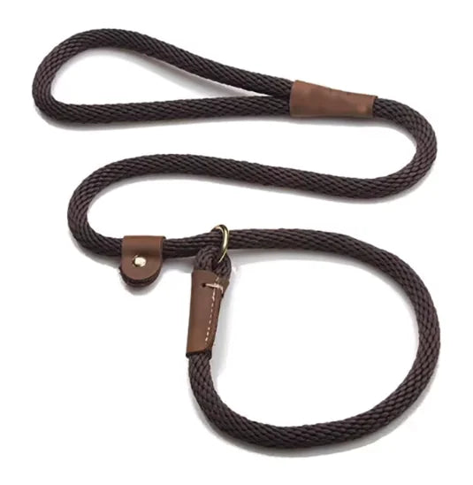 Brown dog leash with leather ends on a white background