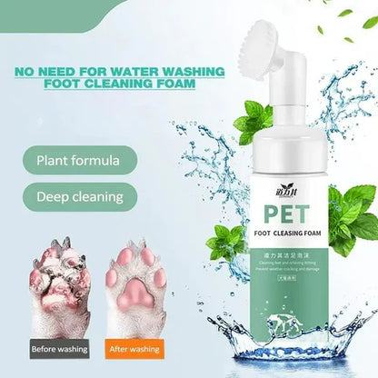 Pet foot cleaning foam with before and after effects on paws, plant formula, and deep cleaning text.