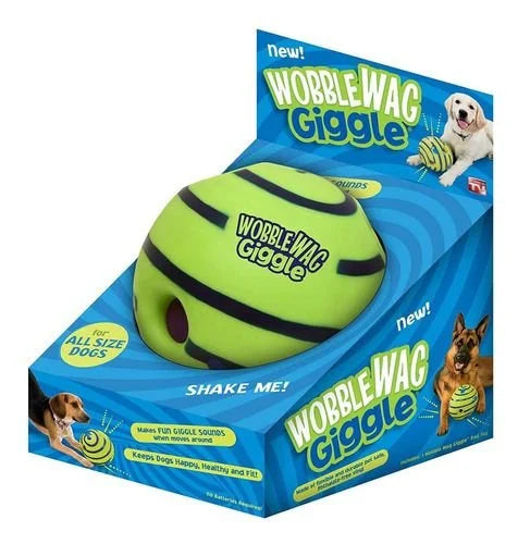 Wobble Wag Giggle dog toy packaging with a green ball on a blue background