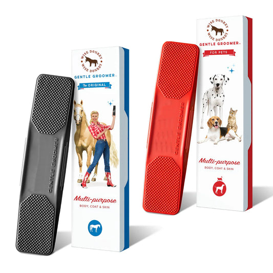 Two grooming tools with their packaging on a white background